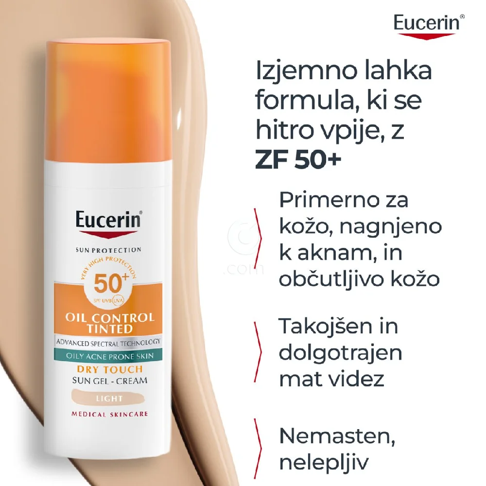 Eucerin Sun Oil Control Dry Touch, obarvan kremni gel za zaščito obraza pred soncem - light - ZF50+ (50 ml)